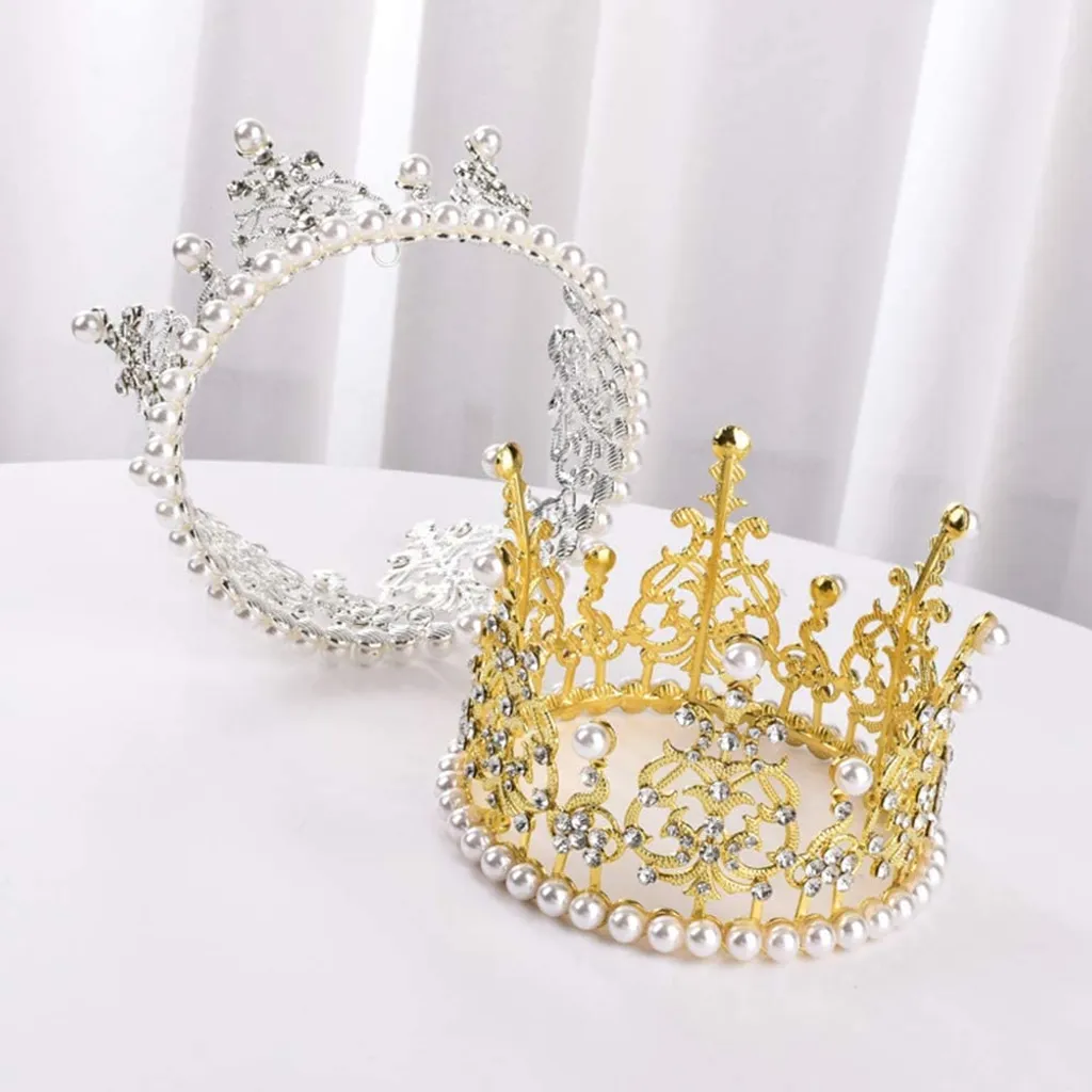 Raylang Crown Cake Topper Dekoration Mit Strass Und Perlen Im Vintage-Stil Royal Mittelstück Stirnband Krone Für Party Hochzeit (Silber) – Bild 7