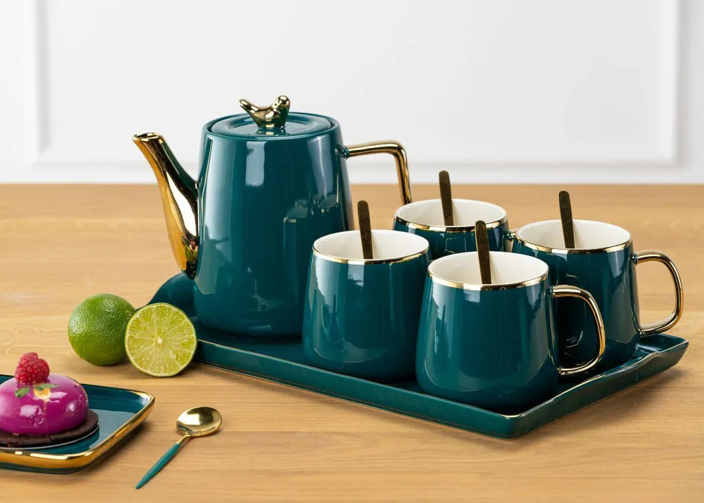 HowHomely Kaffeeservice Keramik 4 Personen - Teeservice 10-tlg. - Grün-Gold – Bild 2