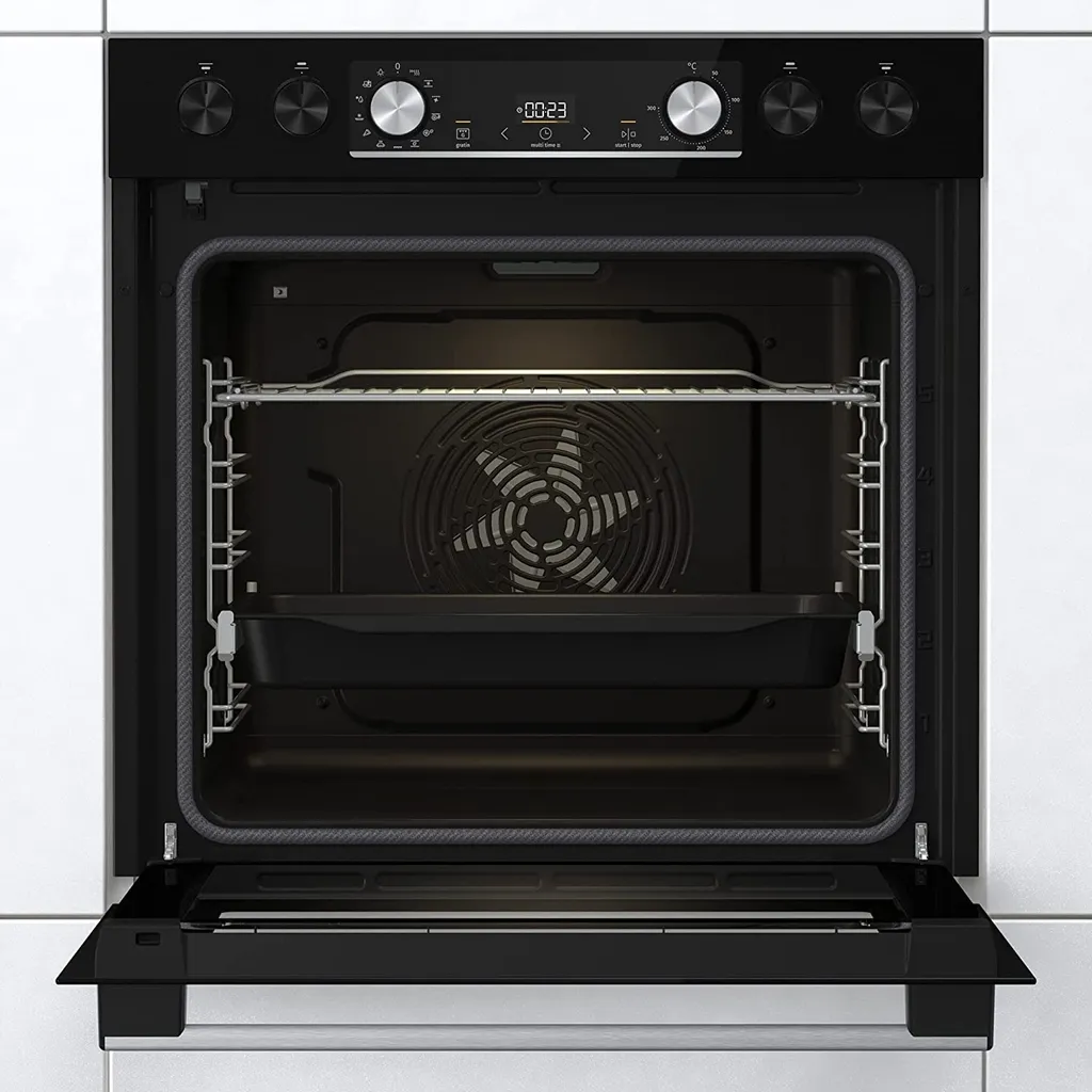 Gorenje Black Set 4 PYROLYSE Einbauherd - Set Mit Glaskeramik-Kochfeld Mit Edelstahlrahmen - 77L XXL Volumen - GentleClose - AirFry - PizzaMode - ChildLock - PerfectGrill - Teleskopauszüge - Schwarz – Bild 4