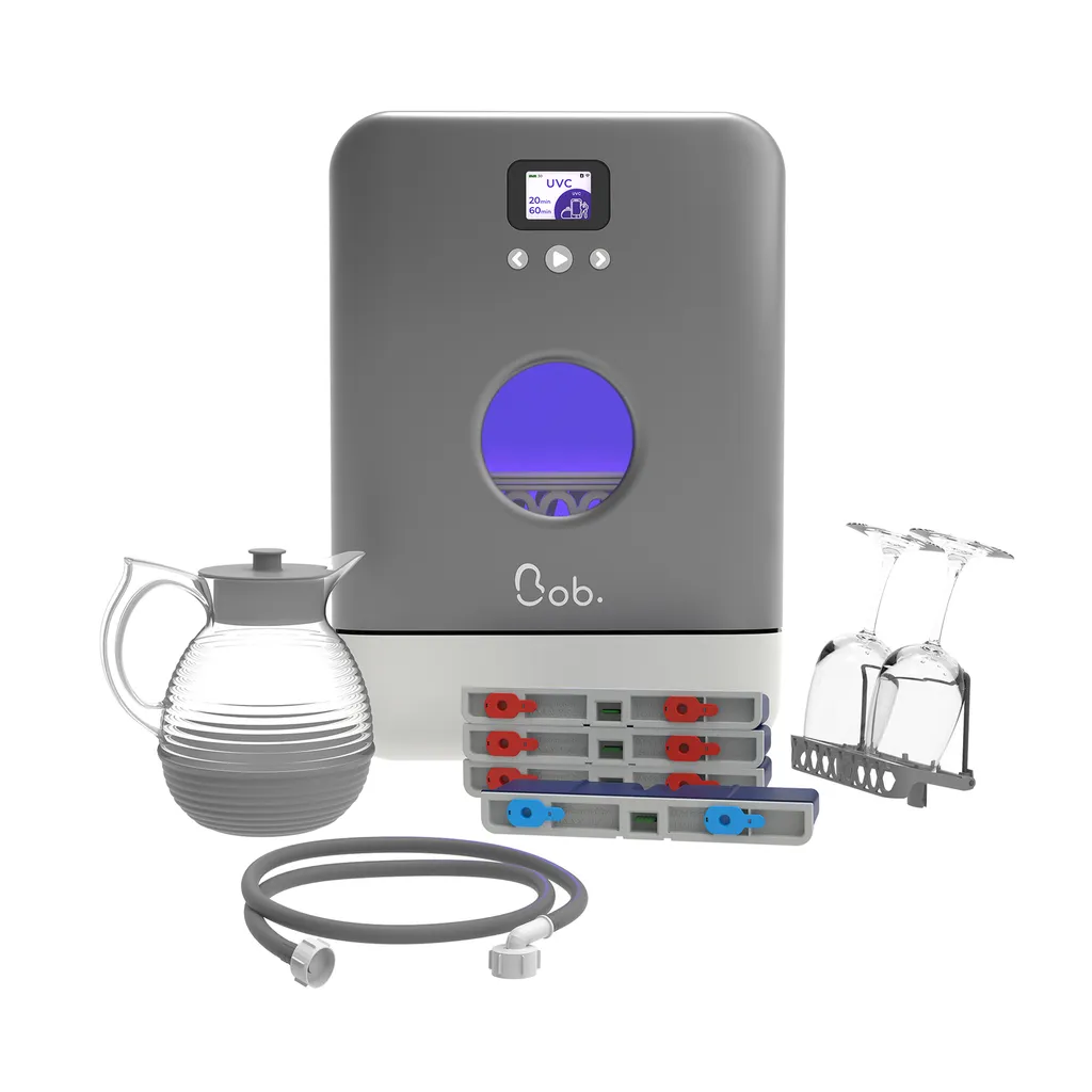 Daan Tech Bob Mini Geschirrspüler All-in-One Paket Grau Metallic (2 Gedecke, 2,9L Wasserverbrauch, Integrierter Tank, WiFi) Spülmaschine Geschirrspülmaschine