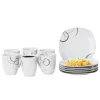 Van-Well Frühstücksset Palazzo 12tlg. - 6 Teller á 19cm Und 6 Becher á 33cl Aus Weißem Porzellan MitNachbildung-Kreisen In Grau Und Dunkelrot - Für 6 Personen