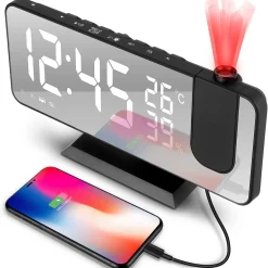 LOZAYI Projektionswecker, Led Digital Wecker Mit Projektion 180 °, Radiowecker Mit USB-Anschluss Großem LED-Anzeige Snooze Dual-Alarm, 4 Projektionshelligkeit Mit Automatischem Dimmer, 32FM Radio
