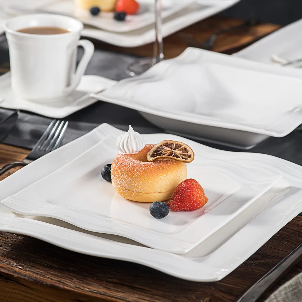 MALACASA, Serie Mario, 60 Tlg. Cremeweiß Porzellan Geschirrset Tafelservice Mit Je 12 Kaffeetassen, 12 Untertassen, 12 Dessertteller, 12 Suppenteller Und 12 Speiseteller – Bild 3