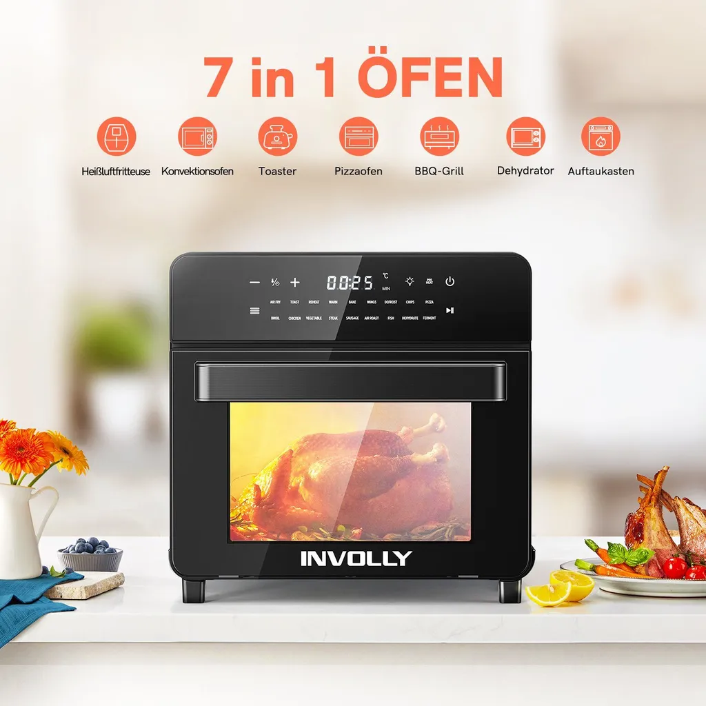 Involly 15L Heißluftfritteuse Airfryer Mini Ofen Mit 18 Programmen, Gaseinsparung, Fritteuse, Kompaktfriteusen,1600W Digital LED Display – Bild 7