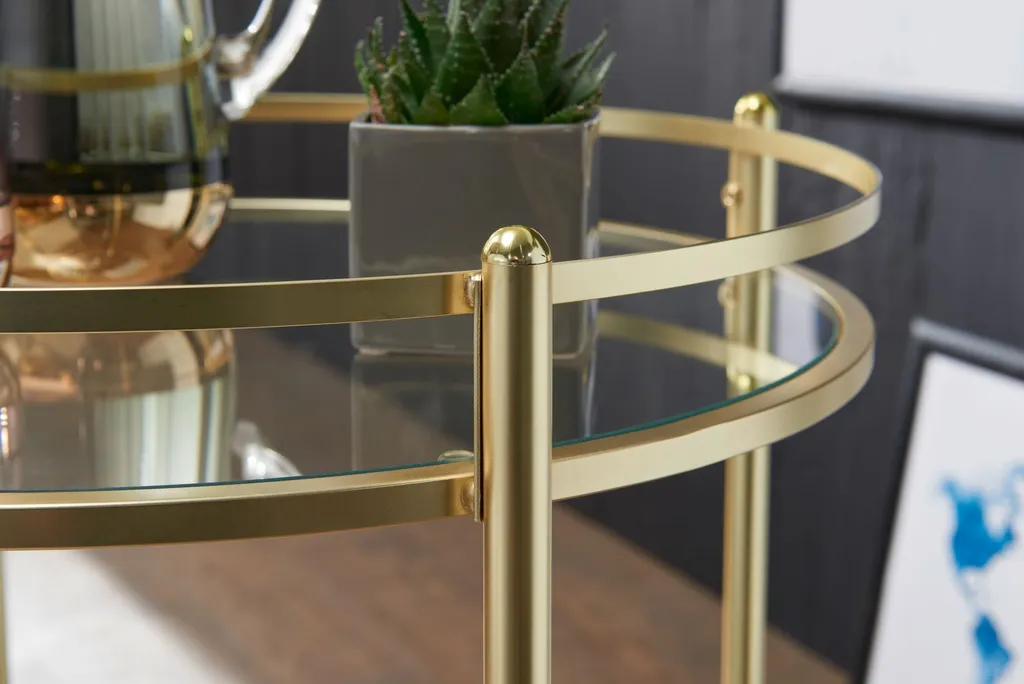 WOHNLING Design Servierwagen Gold Ø 57 Cm Beistelltisch | Teewagen Metall Mit Rollen | Küchenwagen Mit Glasplatten | Barwagen Rund 75 Cm Hoch | Küchentrolley Modern | Rollwagen – Bild 4