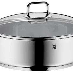 WMF Bräter Mit Deckel Backofengeeignet, 5l, Schmorpfanne 28 Cm Hoher Rand, Schmortopf Induktion, Cromargan Edelstahl, Glasdeckel, Unbeschichtet