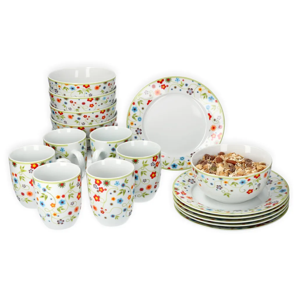 Van-Well Van Well Frühstücksset 18-tlg. Für 6 Personen Serie Vario Porzellan - Farbe Wählbar, Farbe:flowers