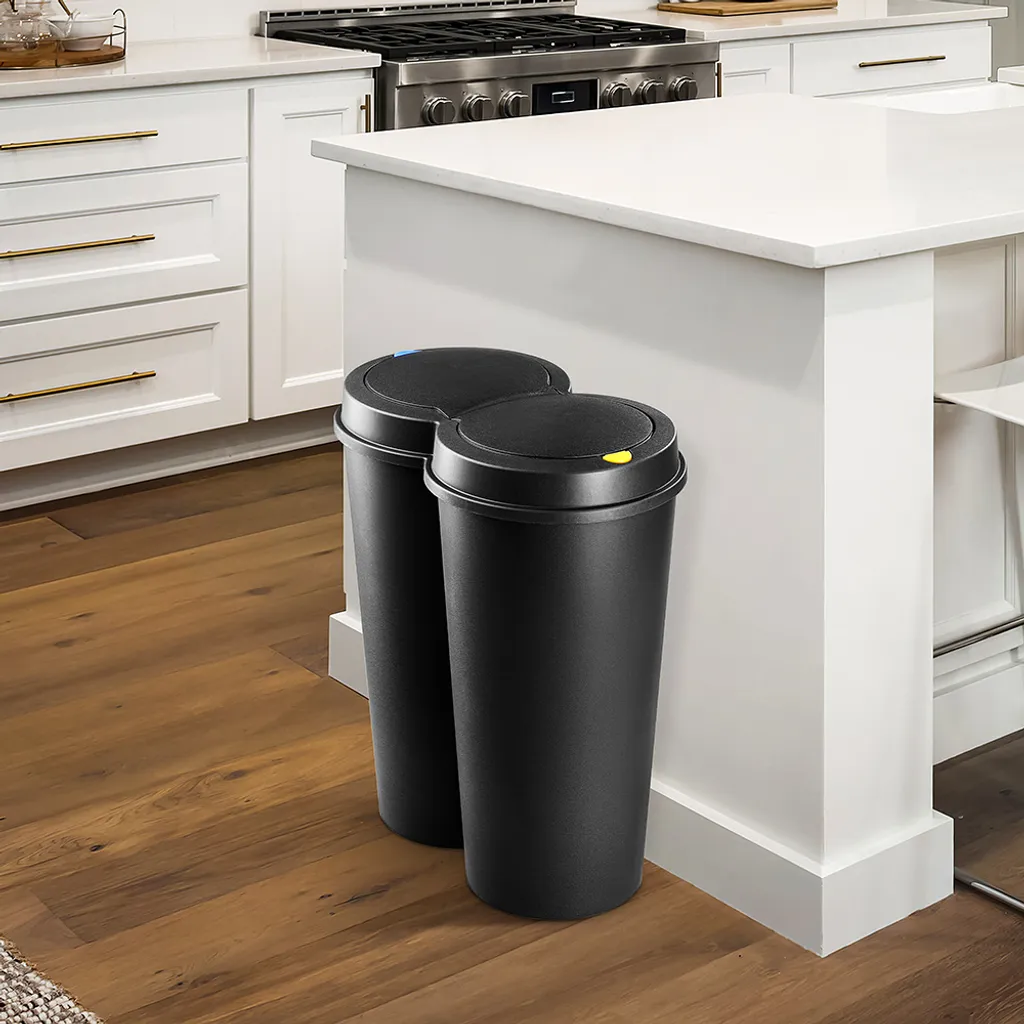 Deuba Mülleimer 50 L Duo 2fach Trennsystem 2x25L Druckknopf-Automatik Küche Abfalleimer Müllbehälter Mülltrennung Büro, Farbe:schwarz - Black - Noir – Bild 2