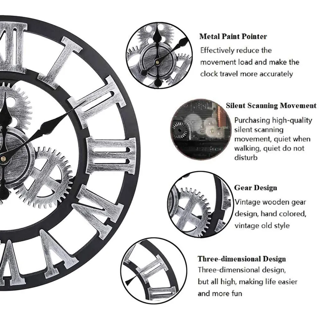LOZAYI Industrial Gear Wanduhr Dekorative Wanduhr Industrial Style Wanduhr , 40cm Silber – Bild 4