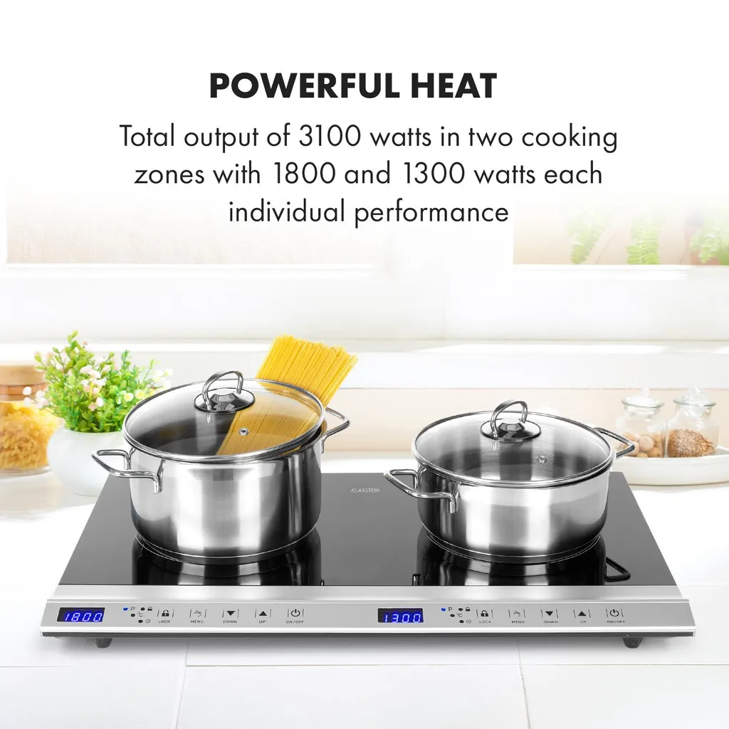 Klarstein Cucinata Mobile Kochplatte, Doppel-Induktionskochfeld, 3100W, Touch Control, Topfsensor, Abschalttimer, 10 Stufen, Überhitzungsschutz, Kindersicherung, Glaskeramik, Silber – Bild 3