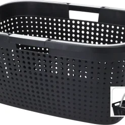 Spetebo Wäschekorb Aus Kunststoff In Schwarz - 60 X 39 Cm - Tragekorb Mit Klappbaren Griffen - Einkaufskorb Aufbewahrungskorb Tragegriffe