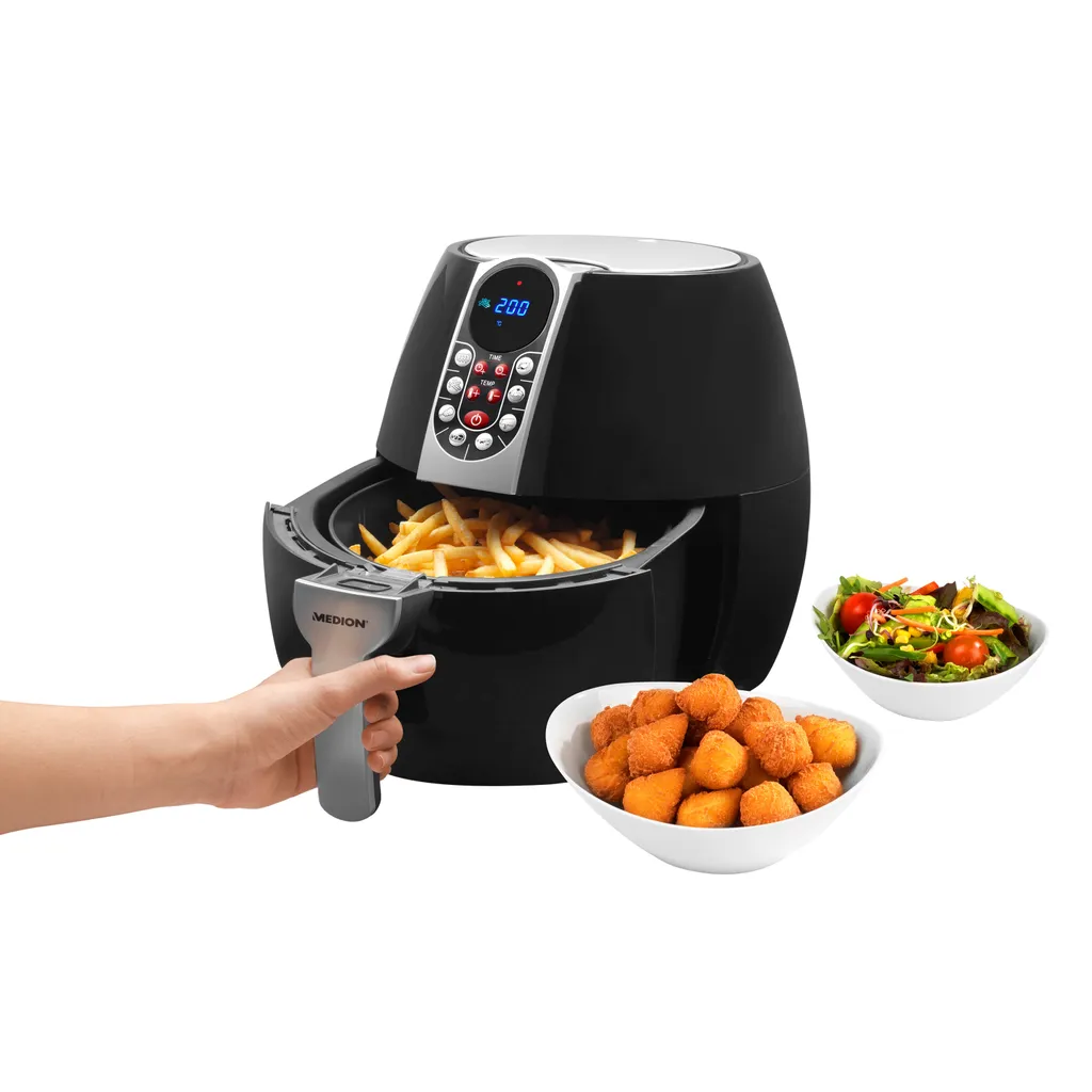 MEDION Heißluftfritteuse, Ca. 1500 Watt, Digitales Bedienfeld, Nutzinhalt Gesamt 4 Liter, Ölfreies Frittieren, 30 Min Timer, Überhitzungsschutz, MD17320 Schwarz