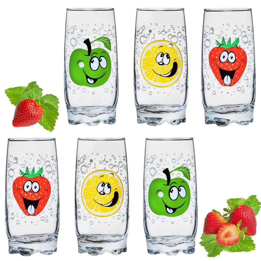 PLATINUX Trinkgläser Mit Lustigen Fruchtgesichtern 350ml (max. 400ml) Set 6 Teilig Aus Glas Bunt