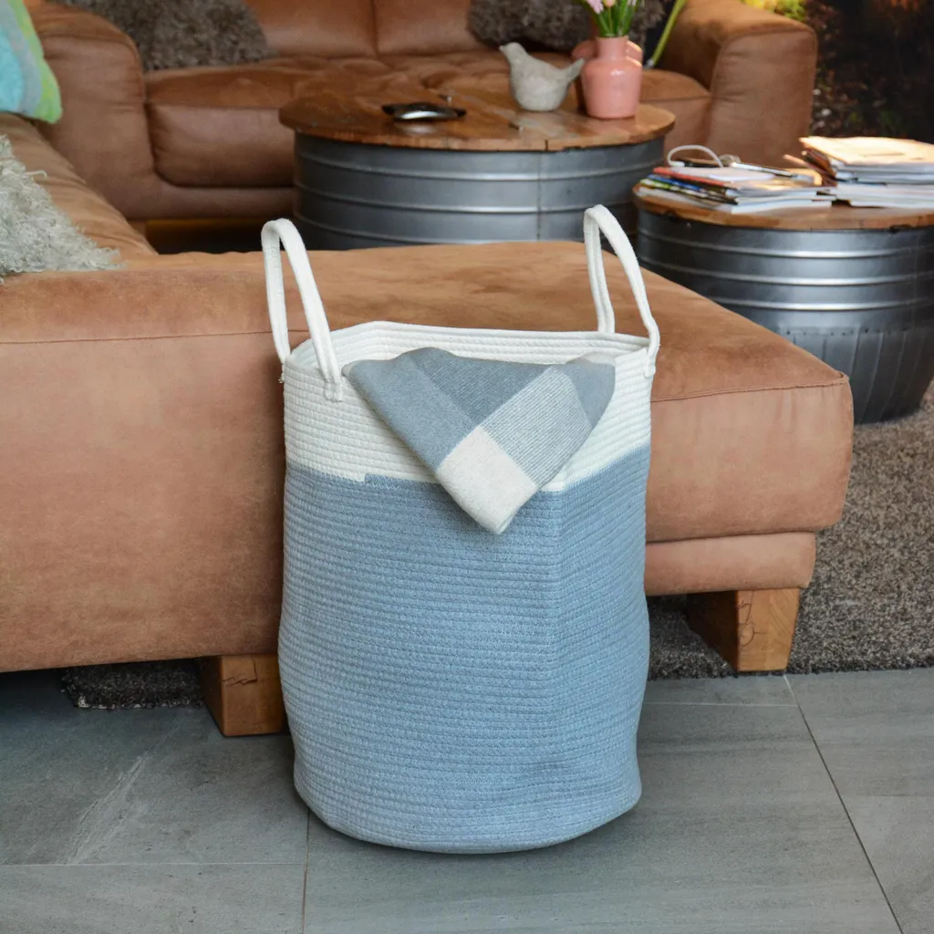 UNUS HOME Aufbewahrungskorb Wäschekorb Faltbar Tragegriffe Baumwolle 40x50 Cm Grau/weiß – Bild 4