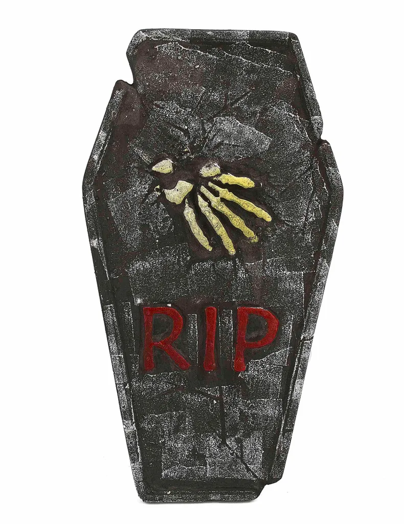 Elite Halloween-Grabstein RIP Mit Knochenhand Grau-gelb-rot 59x35cm