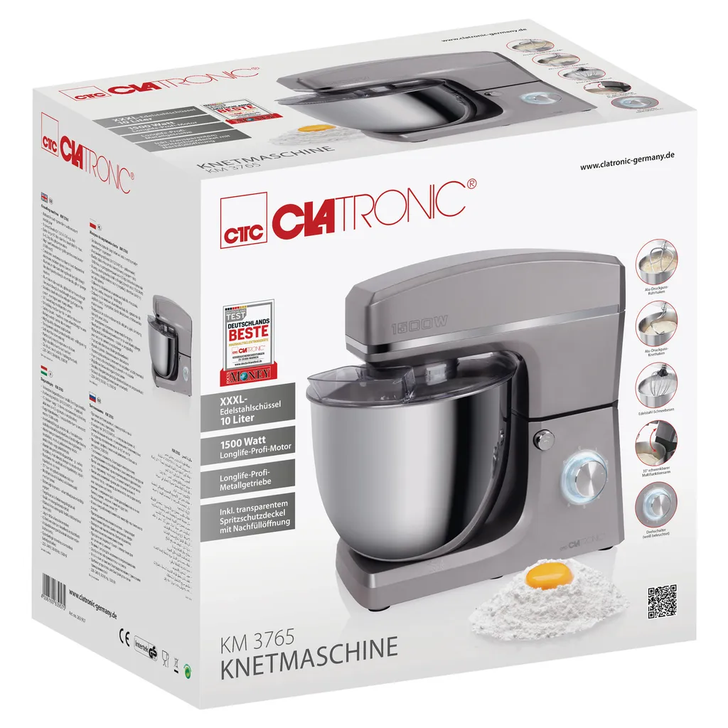 Clatronic KM 3765 Knetmaschine, 1500W, 8 Geschwindigkeitsstufen, 10 Liter- Edelstahlschüssel Für Max. 6–6,5 Kg, Spritzschutzdeckel Mit Nachfüllöffnung, Titan – Bild 7