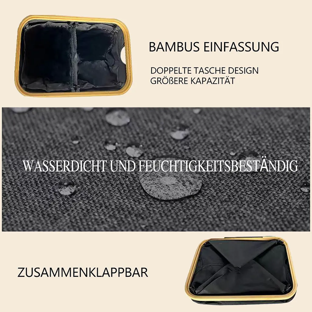 WAOHO Faltbarer Wäschekorb Mit Deckel 125L Mit 2 Fächern 54cmx33cmx70cm,Herausnehmbarem Wäschesack,faltbarem Bambusrahmen-Wäschesortierer Und Wasserdichtem Oxford-Tuch (Schwarz) – Bild 8