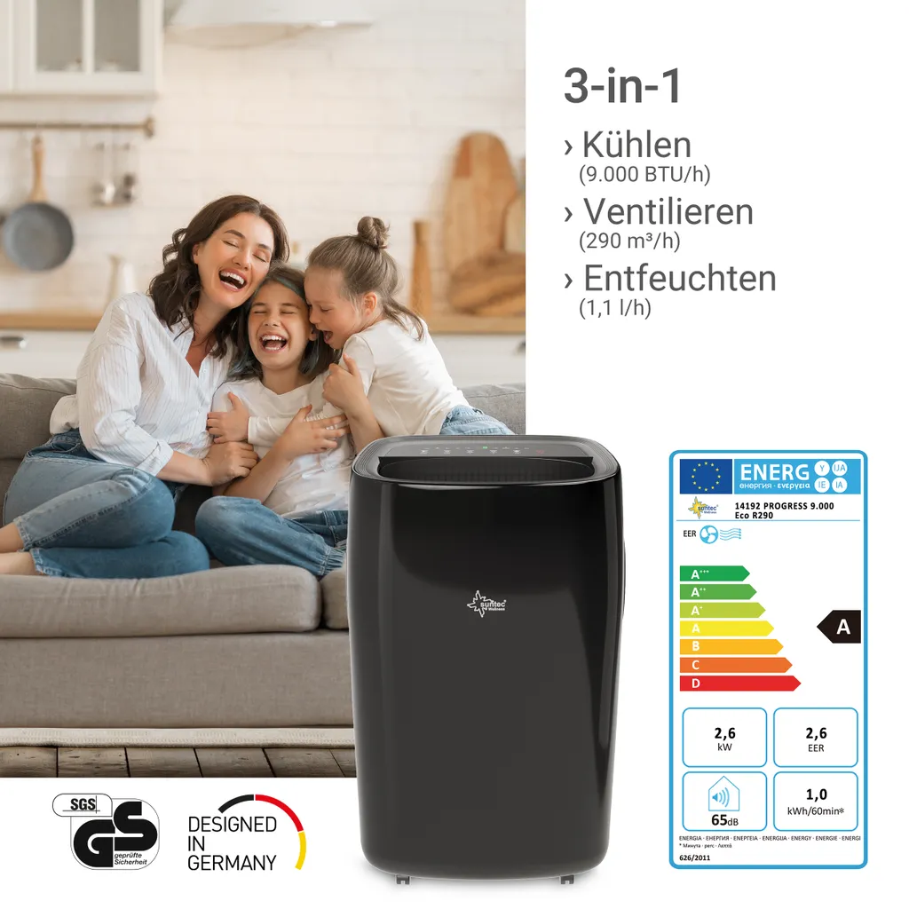 SUNTEC Mobiles Lokales Klimagerät Progress 9.000 R290 | Für Räume Bis 80m3 (34 M2) | Inkl. Abluftschlauch | Kühler Und Entfeuchter Mit ökologischem Kühlmittel R290 | 9.000 BTU/h, EEK A – Bild 2