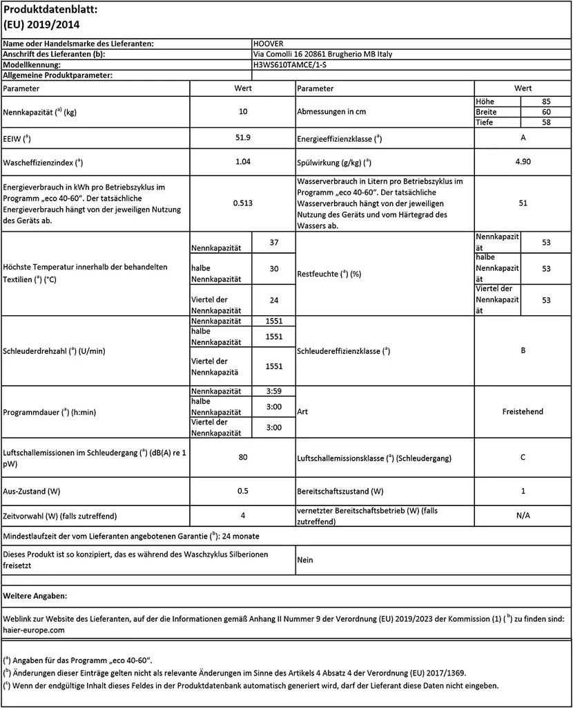 Waschmaschine Hoover Frontlader H3WS610TAMCE/1-S H-WASH300 10kg – Bild 7