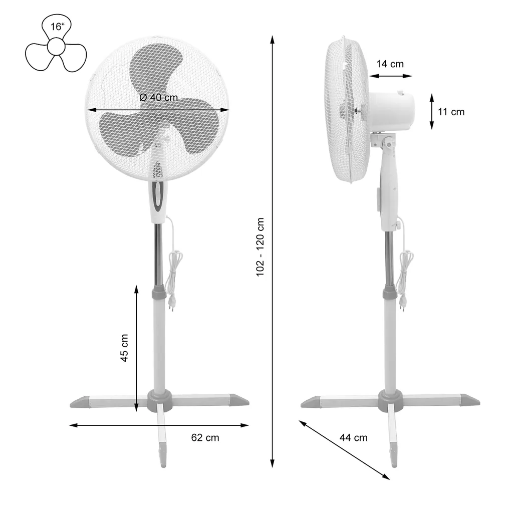 ECD Germany Standventilator 45W, Ø 40cm, Weiß/Grau - Leise, 3 Geschwindigkeitsstufen - Standfuß Höhenverstellbar 102-120 Cm - 90° Oszillazion 30° Neigbar - Ventilator Standlüfter Luftkühler Bödenventilator – Bild 7