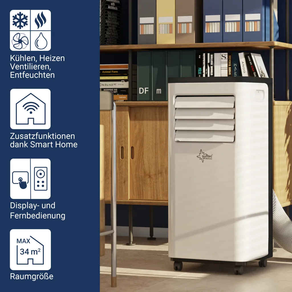 SUNTEC Mobiles Lokales Klimagerät CoolFixx 2.6 Eco R290 | Für Räume Bis 80 M3 (34 M2) | Inkl. Abluftschlauch | Kühler Und Entfeuchter Mit ökologischem Kühlmittel R290 | 9.000 BTU/h, EEK A – Bild 2
