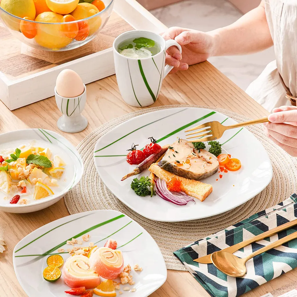 VEWEET Porzellan Tafelservice 'Aviva' 100-teilig Set, Kombiservice Mit Dessertteller, Speiseteller, Suppenteller, Müslischalen, Kaffeebecher, Kaffeetassen Set, Eierbecher, Milch- Und Zuckerset – Bild 4