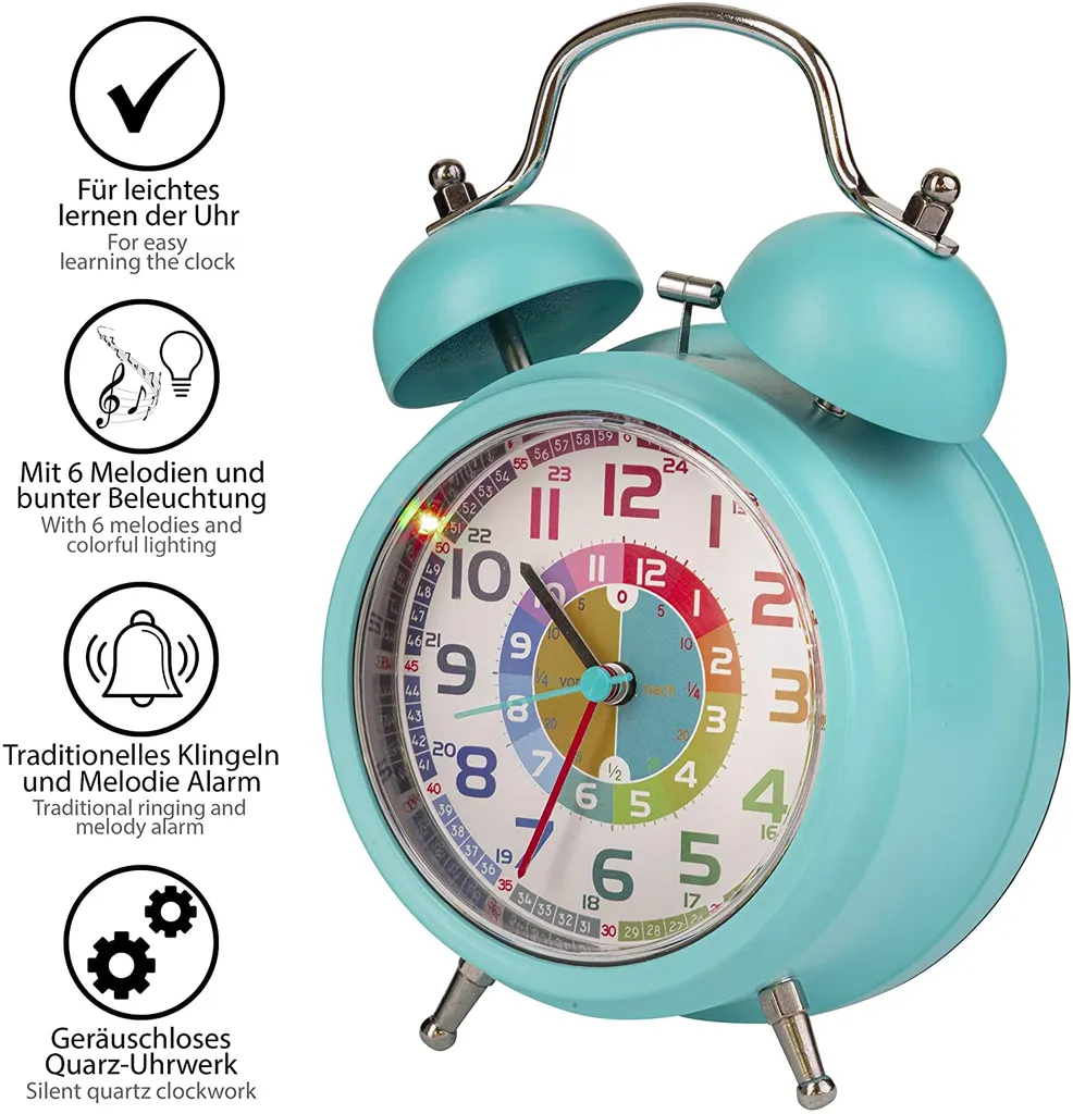 ONVAYA® Kinderwecker Analog | Türkis | Lernuhr Für Kinder | Retro Wecker Ohne Ticken | Lernwecker Mit Licht & Musik | Quarzwecker | Glockenwecker | Kinderuhr Spielzeug Für Jungen & Mädchen – Bild 3