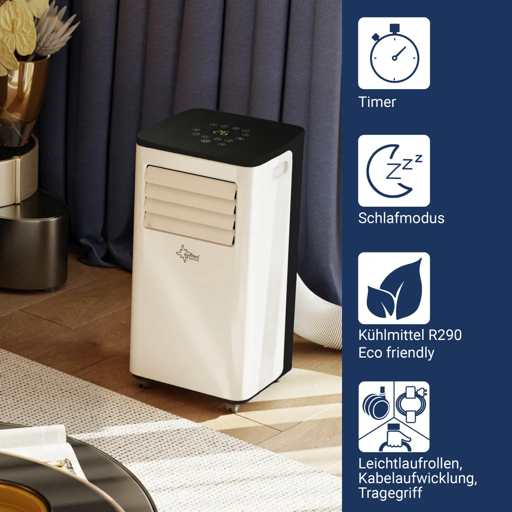 SUNTEC Mobiles Lokales Klimagerät CoolFixx 2.6 Eco R290 | Für Räume Bis 80 M3 (34 M2) | Inkl. Abluftschlauch | Kühler Und Entfeuchter Mit ökologischem Kühlmittel R290 | 9.000 BTU/h, EEK A – Bild 3
