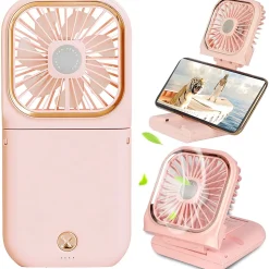 Stretoey 4 In 1 Handventilator, Tischventilator, Halslüfter, Handyhalter, Mit 3000mAh Powerbank, USB Faltbarer 3 Gang Ventilator, 180° Drehbarer Lüfter, Rosa