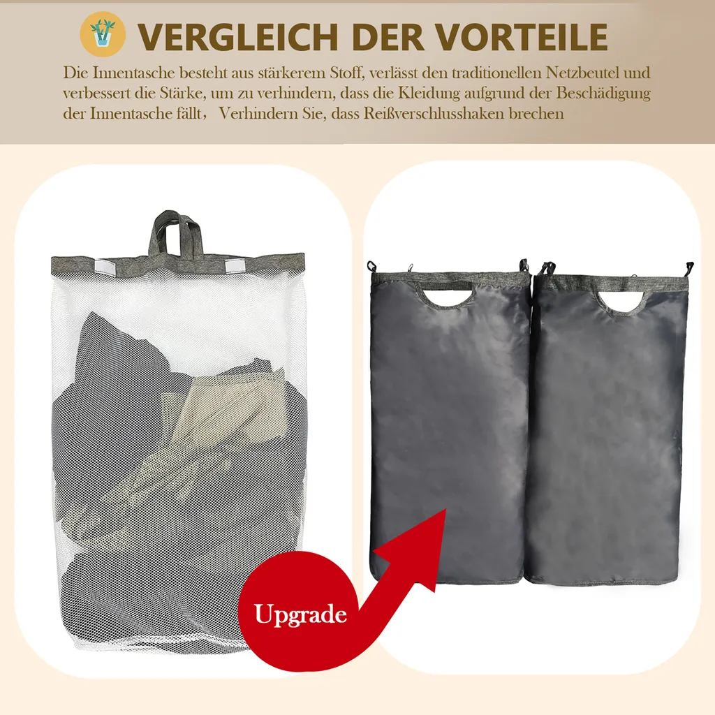 WAOHO Faltbarer Wäschekorb Mit Deckel 125L Mit 2 Fächern 54cmx33cmx70cm,Herausnehmbarem Wäschesack,faltbarem Bambusrahmen-Wäschesortierer Und Wasserdichtem Oxford-Tuch (Schwarz) – Bild 3