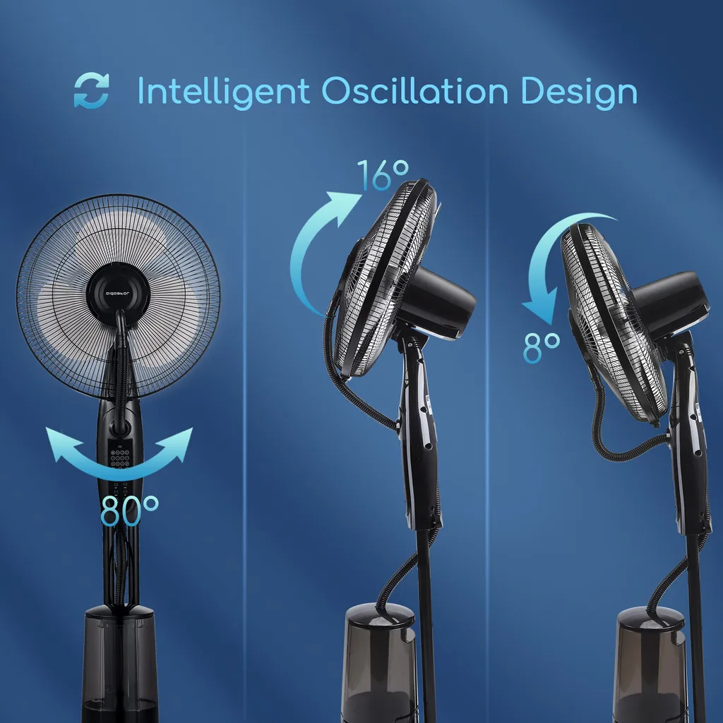 Aigostar Breeze Standventilator Mit Wasserzerstäuber, Ventilator Mit Fernbedienung, Lüfter Mit 3 Modi, Verstellbarer Neigungswinkel, Metall, Schwarz – Bild 5