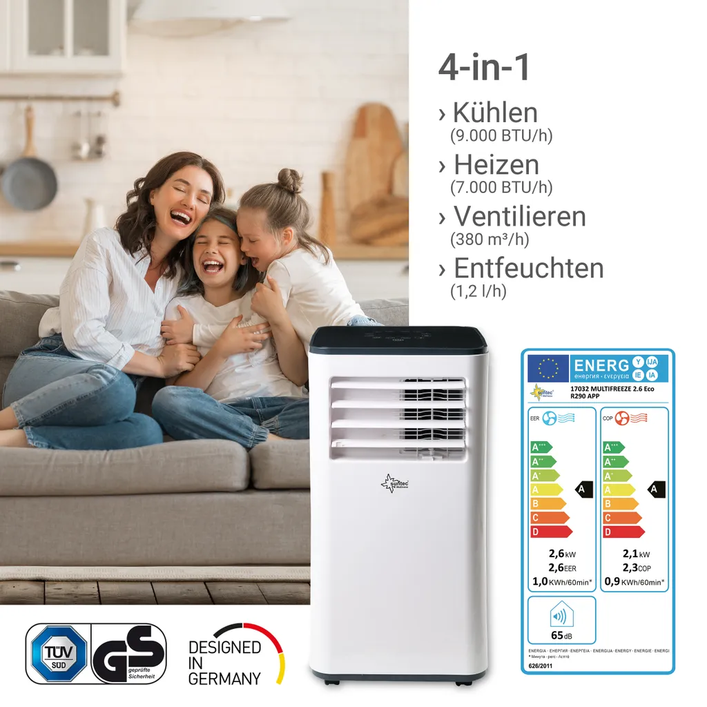 SUNTEC Mobiles Lokales Klimagerät CoolFixx 2.6 Eco R290 | Für Räume Bis 80 M3 (34 M2) | Inkl. Abluftschlauch | Kühler Und Entfeuchter Mit ökologischem Kühlmittel R290 | 9.000 BTU/h, EEK A – Bild 7