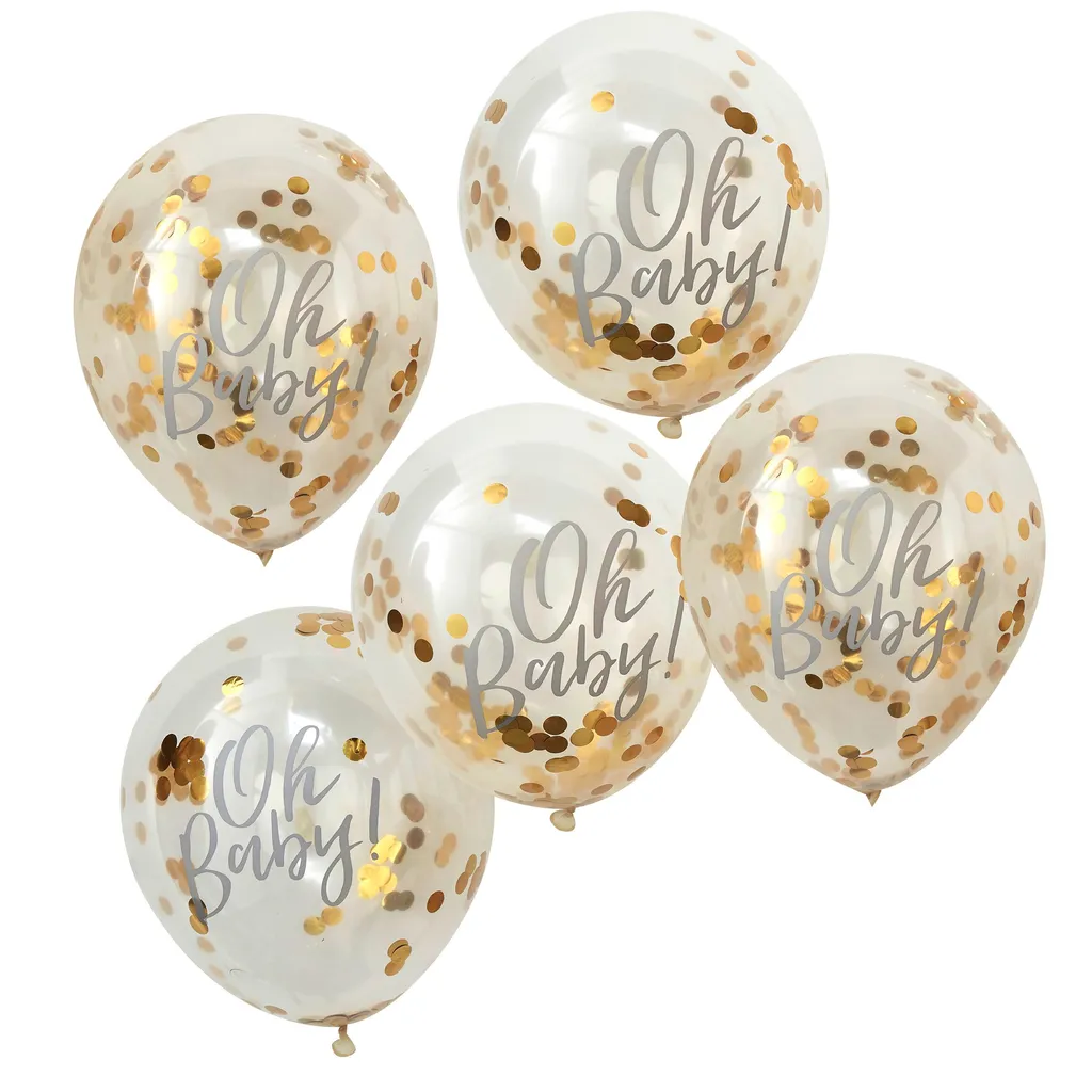 Lottes Laden Ballons Oh Baby Mit Goldenem Konfetti Gefüllt, 5 Stück, 30cm