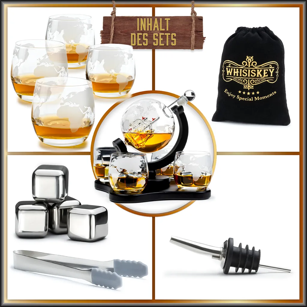 AWEMOZ Whisiskey - Whisky Karaffe - Geschenke Für Männer - Komplette Whiskey Set - Globus - 900ML – Inkl. 4 Whisky Steine, 4 Whisky Gläser & Ausgießer - Whisky Dekanter – Whiskygläser - Natursteine – Bild 7