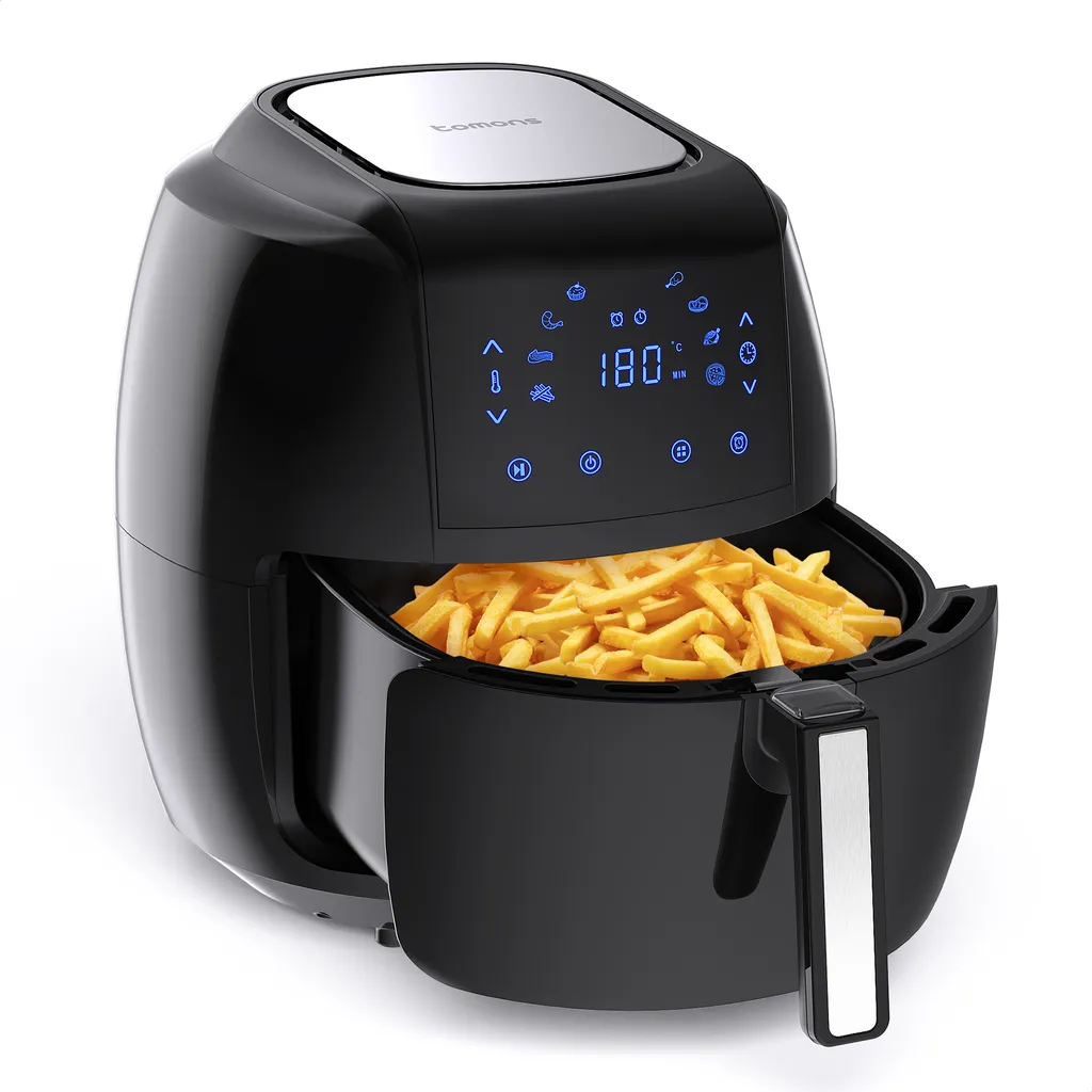 Tomons Heißluftfritteuse XXL 5,5 L Elektrofritteuse, 1800W, Airfryer Ohne Fett Und Öl, Friteuse Heißluft Mit 8 Voreinstellungen, Alarmtimer, Digitales Touch-Display, Frittierkorb Und Rezeptheft