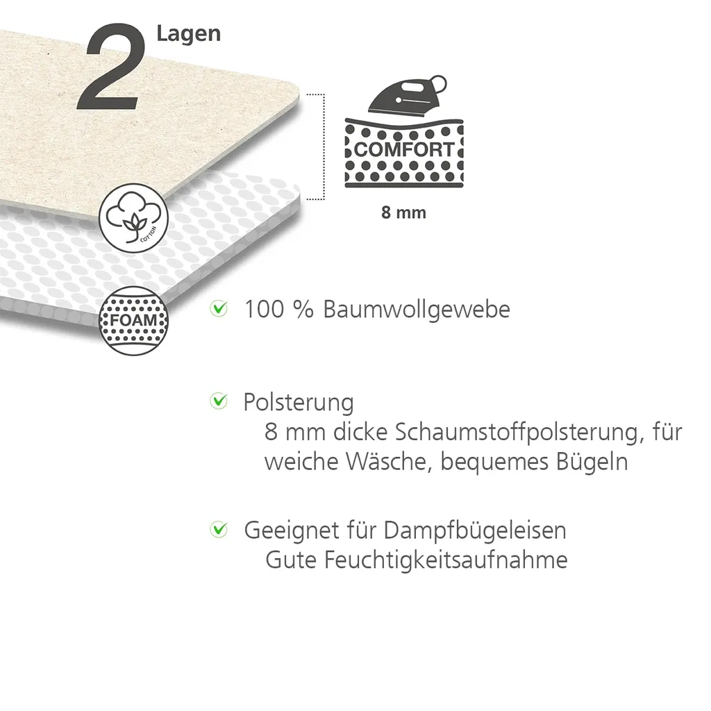 WENKO Bügelbrett Advance, Dampfbügelgeeignet, Höhenverstellbar 73-95 Cm, 120 X 42 Cm Bügelfläche, Bügeltisch Mit 8 Mm Polsterung | Inkl. 2er Set Reinigungsschwämme Gratis – Bild 2