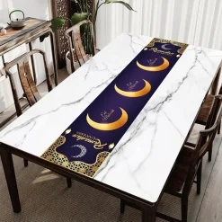 Qiangzhipow 180*35cm Eid Mubarak Tischläufer Ramadan Deko Tischdecke Partydekoration Tischbanner Stern Mond