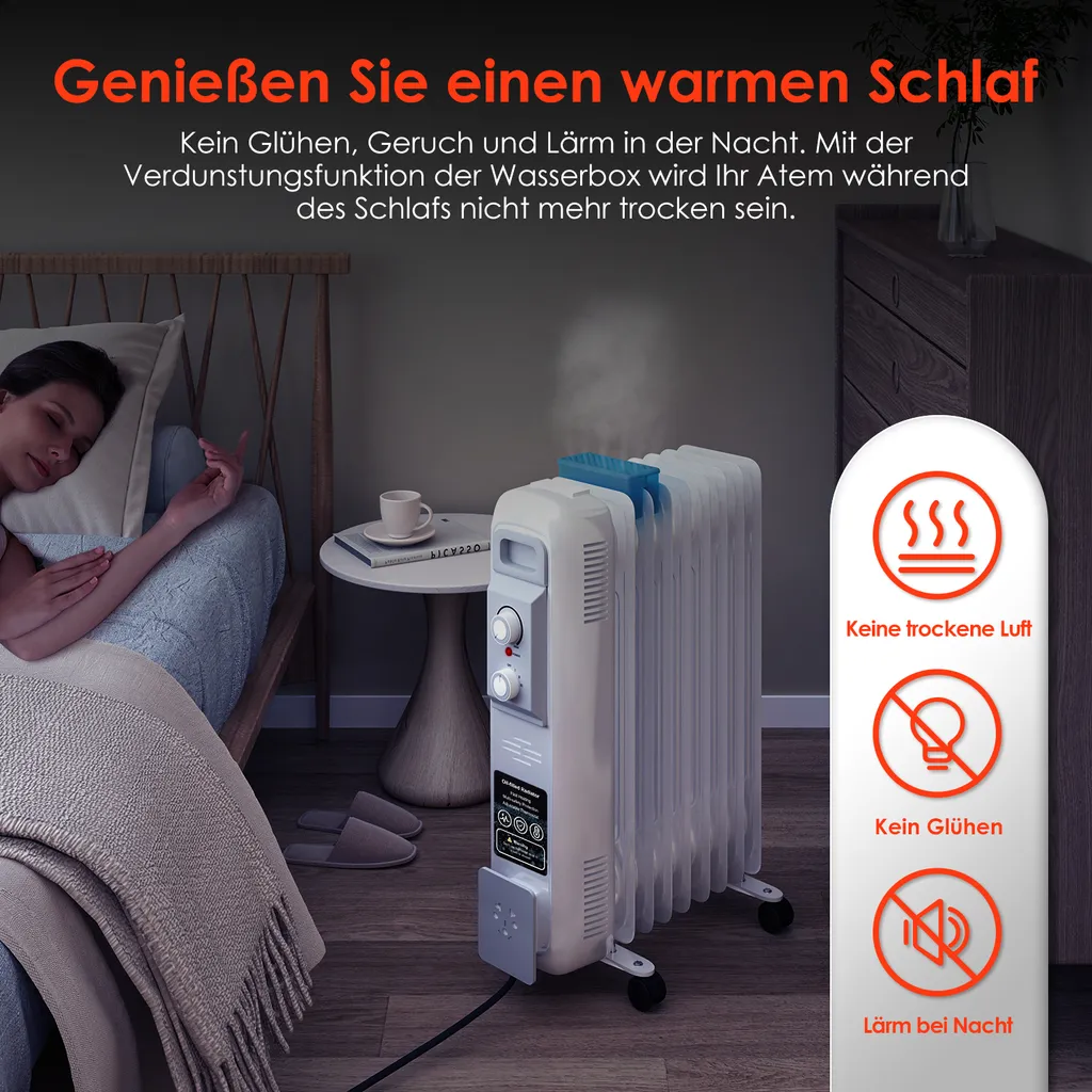 Daynee Ölradiator, 2000W Ölradiator Energiesparend, Elektroheizung Radiator Mit 9 Rippen, Ölheizung Mit Thermostat, Für Räume Bis 30qm, Heizkörper Mit Überhitzungsschutz Und 3 Heizstufen – Bild 5