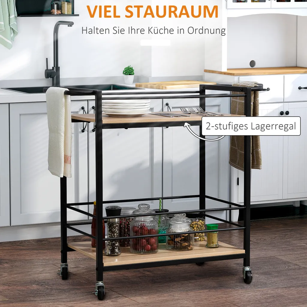 HOMCOM Küchenwagen Servierwagen Aufbewahrungswagen Beistellwagen Mit 2 Ebenen Und Griff Rollenwagen Für Küche Esszimmer Belastbarkeit 60 Kg Spanplatte 82 X 40 X 75 Cm – Bild 4