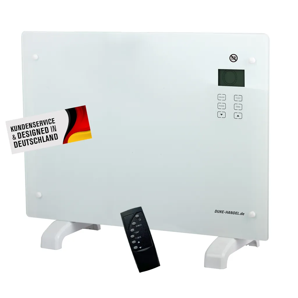 Duke-Handel Glaskonvektor / Elektroheizung / Konvektor-Heizung - 24h-Timer - LCD-Display Touchscreen - Fernbedienung - Mobiler, Leiser, Elektrischer & Energiesparender Elektroheizkörper 2000 Watt