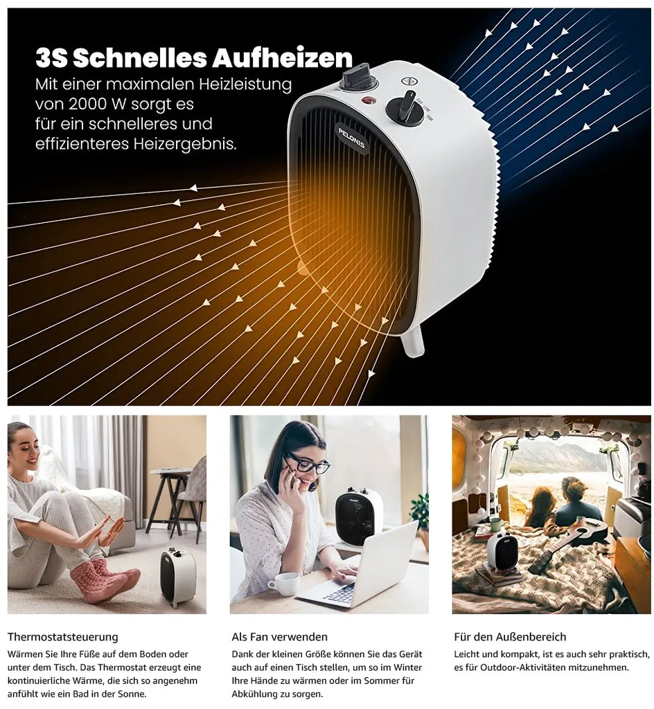 Pelonis ❤️ Heizlüfter, Energiesparend Klein 2000W Elektrische Heizung 2 Heizstufen & Gebläse-Modus, Kippschutz & Überhitzungsschutz Für Büro Wohnzimmer Schlafzimmer - Weiß – Bild 10