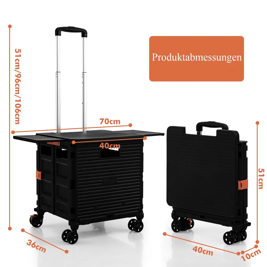COSTWAY 55L Einkaufstrolley 80kg Belastbar, Klappbarer Einkaufswagen Mit 3-fach Verstellbarem Griff, 2 Bremsbaren Universalrädern & Erweiterbarer Obere Abdeckung, Handwagen Tragbar, Schwarz – Bild 7