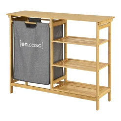 En.casa Bambus Badregal Nousiainen Mit Ausziehbarem Wäschekorb 60 L Badezimmerregal Wäschesammler Mit 3 Ablagen 80 X 100 X 30 Cm Natur/Grau
