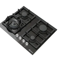 KLUGMANN Design KT604.5BGL 60cm Einbau Vitroceramic Gaskochfeld 4 Brenner, WOK, Sicherung, Gusseisen, Metallknöpfe