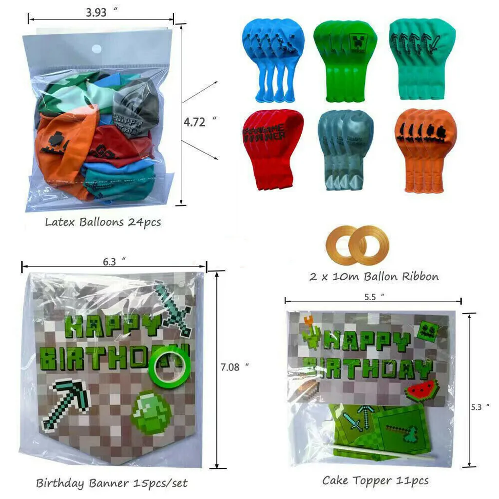 Hoomtree Minecraft Mein Weltballon Unique Happy Birthday Alles Gute Zum Geburtstag-Banner-Ballon Party Deko Set – Bild 5