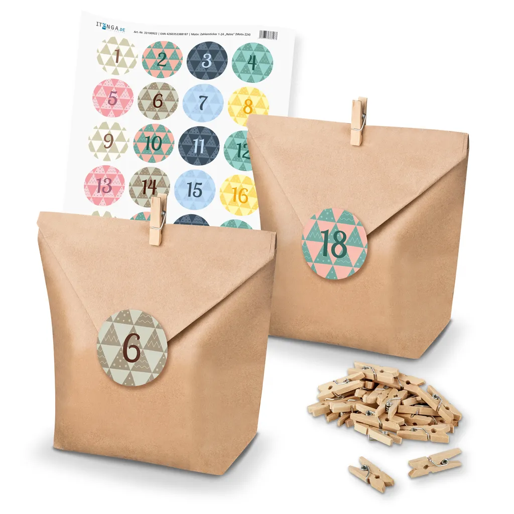 Itenga Adventskalender Set 24 Geschenktüten + Klammern + Sticker