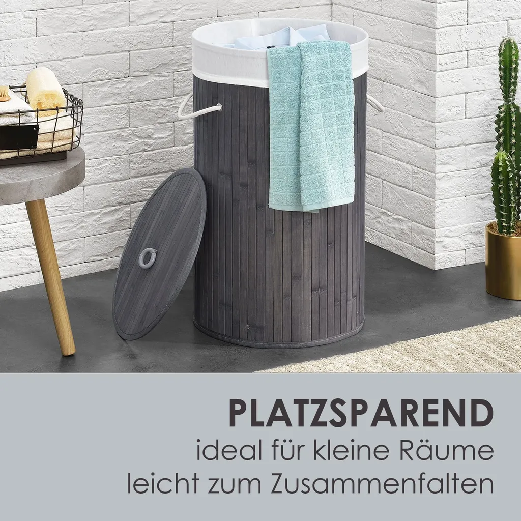 Juskys Bambus Wäschekorb Curly-Round – 55 Liter Volumen – Wäschesammler Mit Deckel, Tragegriffen & Stoff Wäschesack – 1 Fach Wäschebox – In Grau – Bild 8