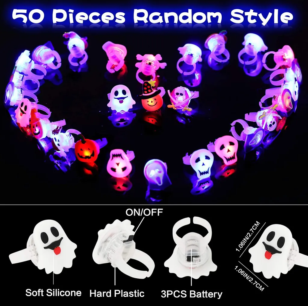 Mmgoqqt 50 Stück Halloween-Partygeschenke Für Kinder, LED-Blinkringe, Leuchtende Halsketten Und Broschen Für Party-Dekorationen, Halloween-Partyzubehör, Kein Süßigkeitenhalloween Leckereien, Goodie-Tütenfüller – Bild 3