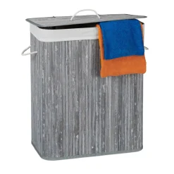 Relaxdays 1 X Wäschekorb Bambus Mit 2 Fächern Grau