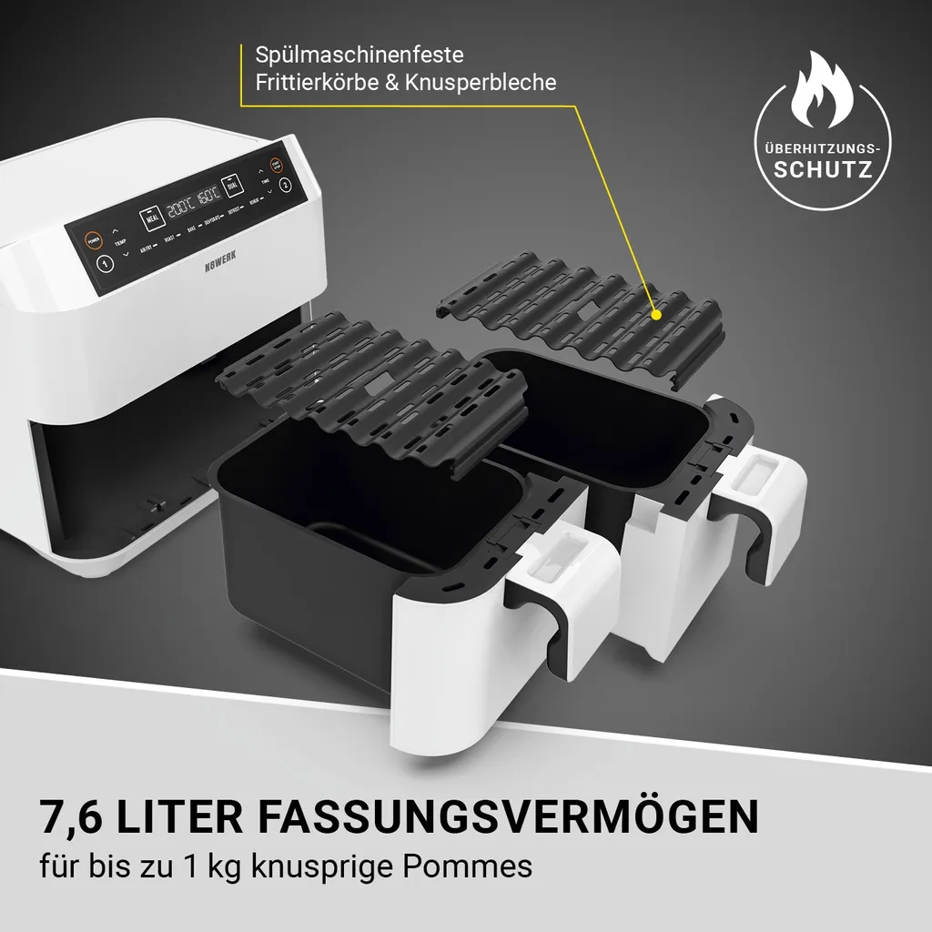Maxxworld N8WERK Doppel-Heißluftfritteuse - 7,6l Heißluft Fritteuse Friteuse Fritöse XL Air Fryer Edelstahl Doppelkorb 2x 3,8L – Bild 6